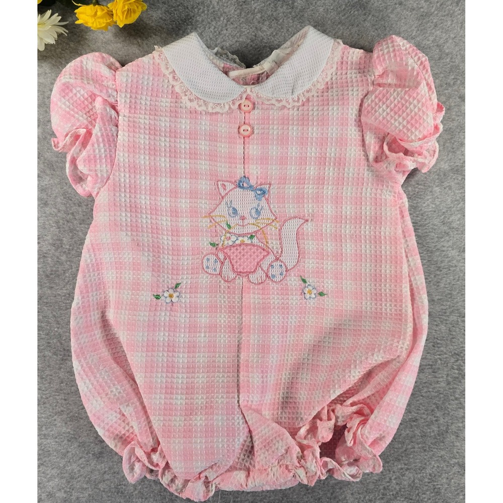 Vintage 80s Tiny Tots Pink Pastel Gingham Cat Embroidered Bubble Romper 6-9m